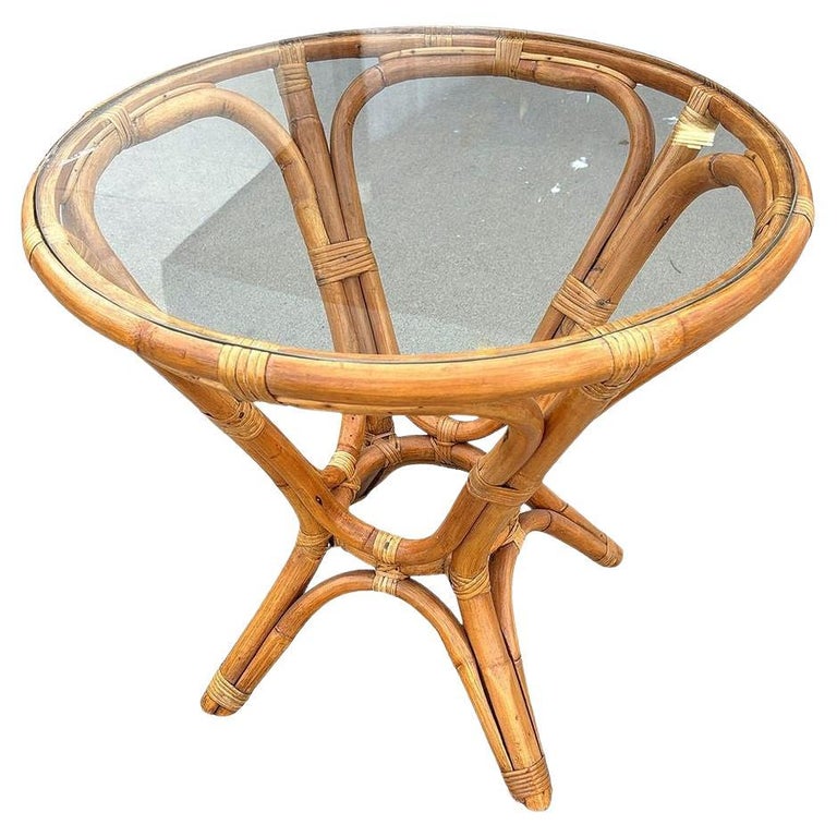 Restored MCM Modernist Rattan Hourglass Round End Table w/ Glass Top