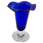 9” Tall Dark Cobalt Blue Art Glass Hand-blown Vase w/ Ruffle Top