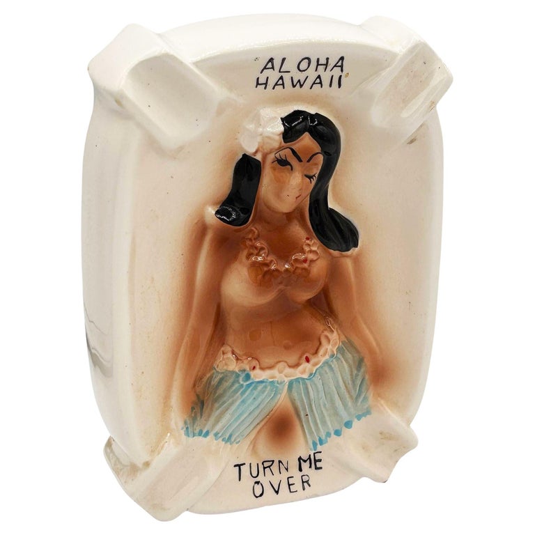 1950 Double Sided Ashtray Hawaiian "Turn Me Over" Cheeky Hula Girl Ashtray