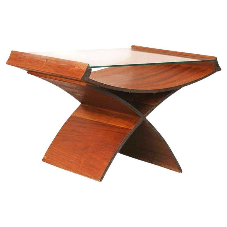 Mid-Century Molded Sculptural Plywood Hourglass Side Drink Table with Glass Top