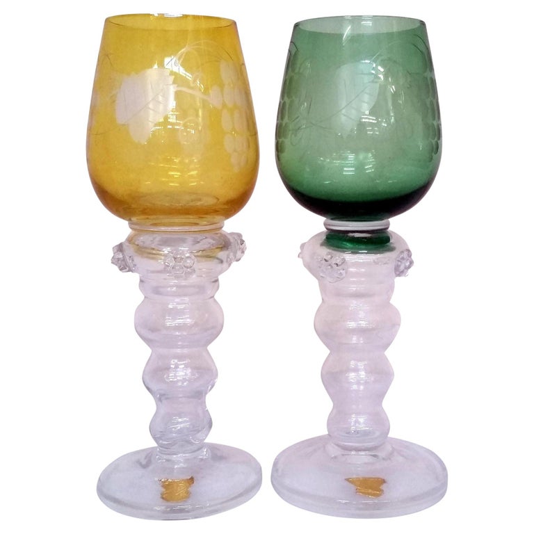 Mid-century Hand-blown Swedish Green & Yellow Wine Goblets by Gullaskruf, Pair
