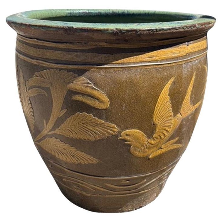 Antique Chinese Century-Egg Pottery Jar • Bird & Fern Motifs • Coastal Jardinièr