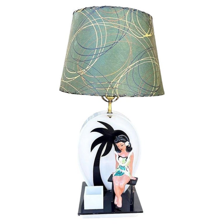 Mid-century Acrylic Hula Girl Midnight Palm Silhouette Table Lamp by Moss