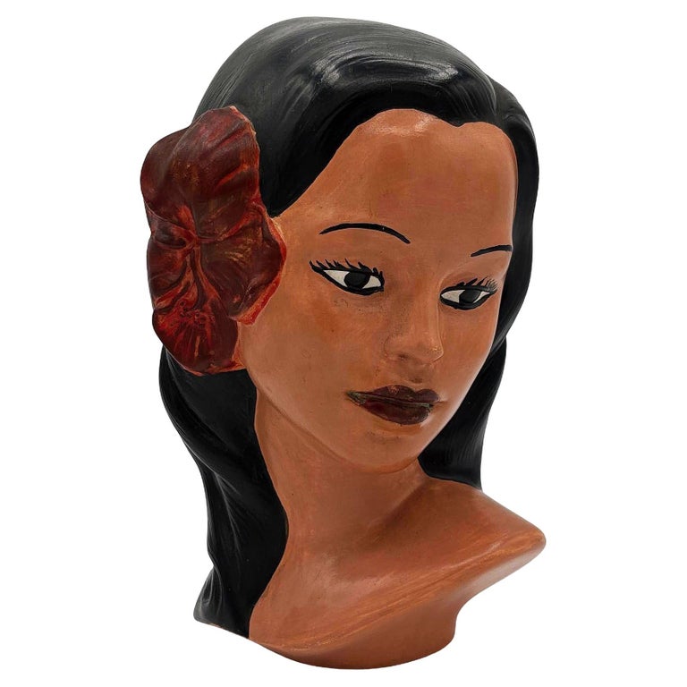 1968 California Art Pottery Hawaiian Polynesian Hula Girl Bust Statue, Signed