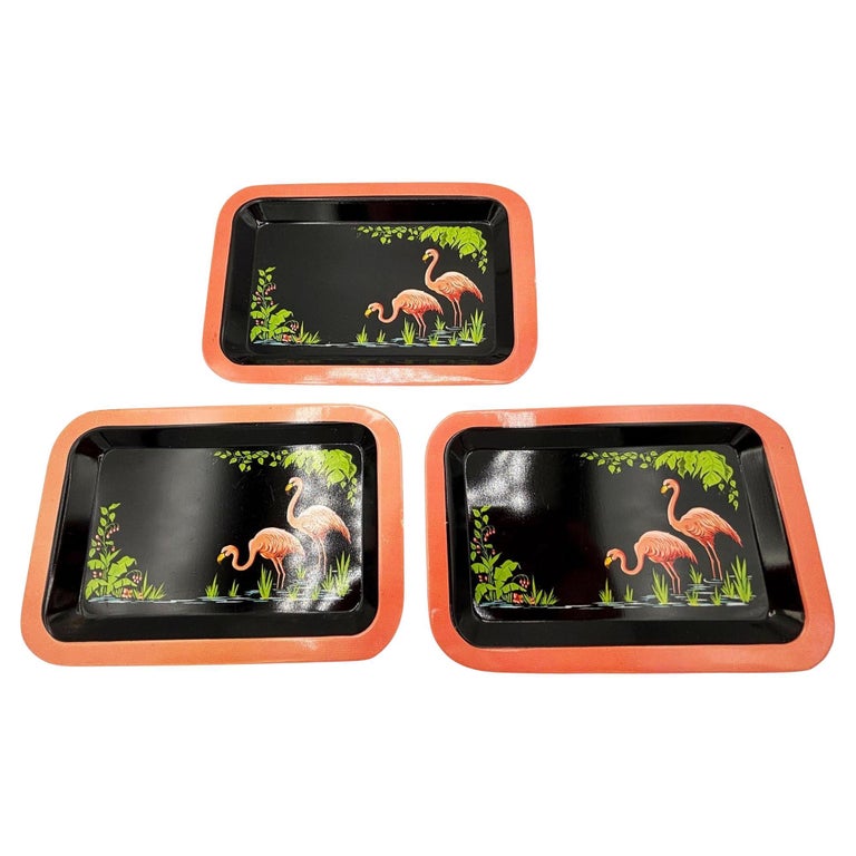 Mid-century Black & Pink Flamingo Enameled Tin Tray, Set of 3