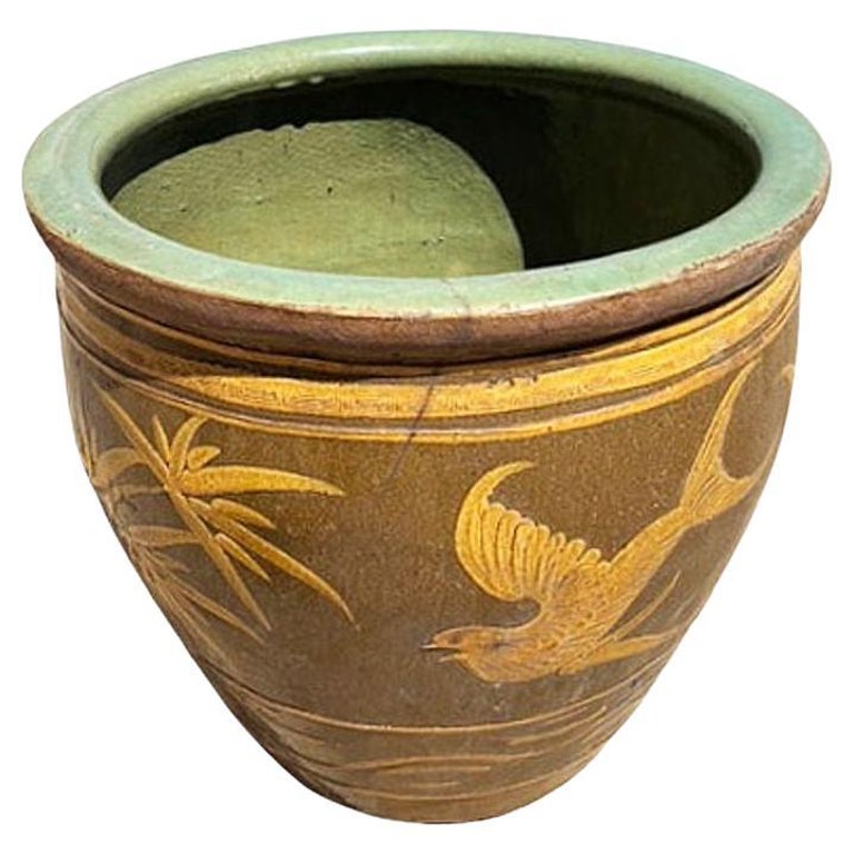 19th Century Large Bird & Bamboo Art Pottery Chinese Egg Pot Jardinière Planter