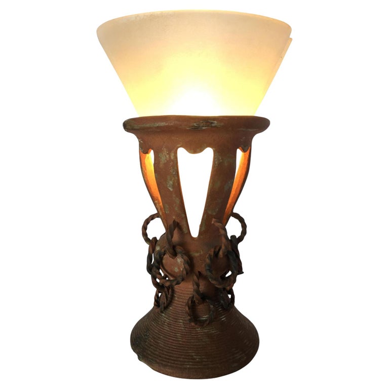Iron and Clay Torchiere Table Lamp W/ Frosted Shade