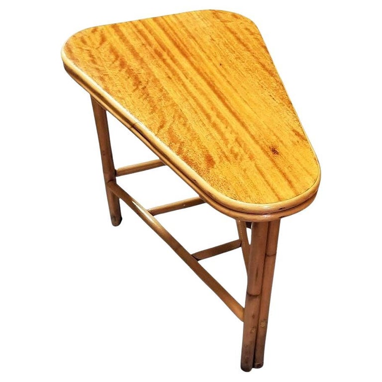 Restored MCM Rattan & Mahogany "Surfbaord" Wedge Side Table w/ Bottom Rack