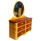 Restored Paul Frankl Style Stacked Rattan & Mahogany Lowboy Dresser w/ Mirror