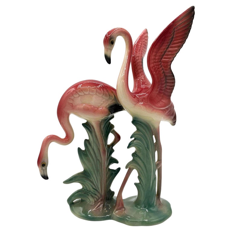 Rare Mid-Century Double Pink Flamingo Ceramic Tabletop Statue By Brad Keeler