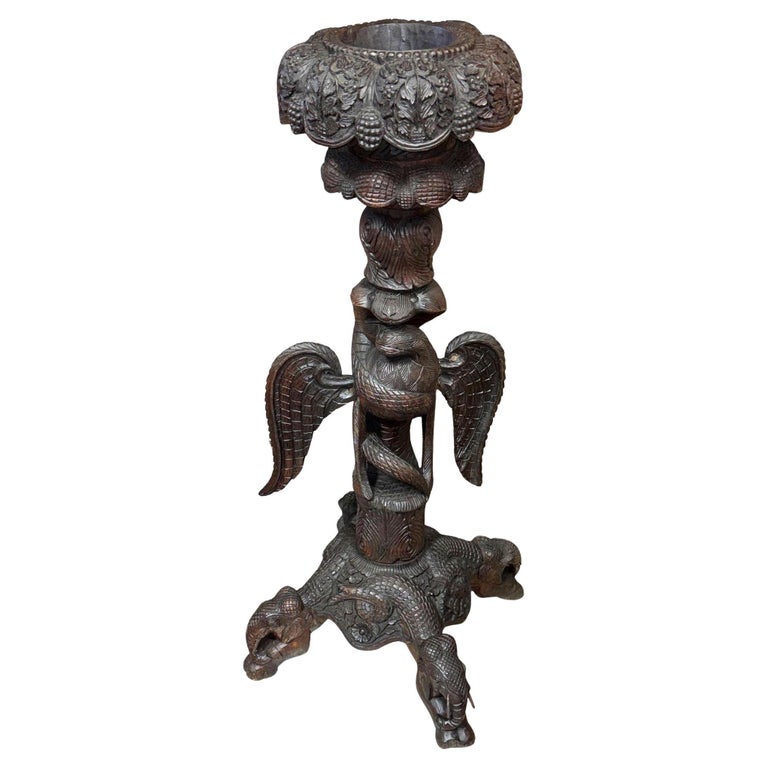 19th Century Anglo Indian Carved Bird & Serpent Wooden Blackwood Plant Stand