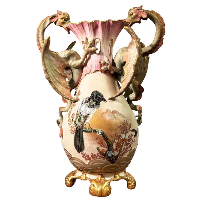 Victorian Dragon Handle Ceramic Vase w/ Hand Painted Corvus by Alfred Stellmache