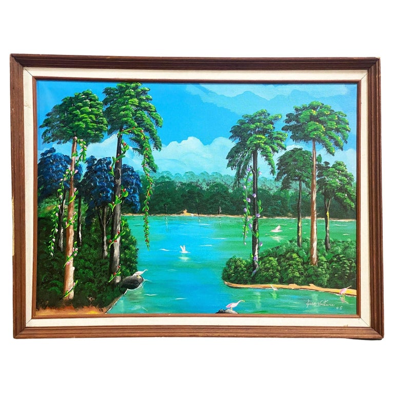 Large Tropical Hawaiian Scenic with Flamingos Oil on Canvas Signed