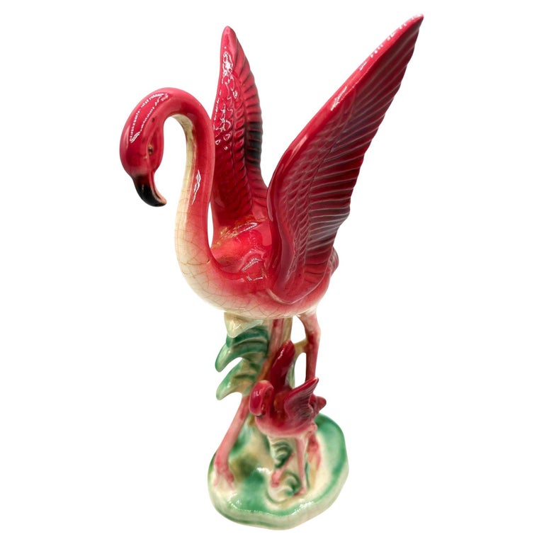 Mid-Century Child & Mother Flamingo Ceramic Statue By Leftons (REPAIRED)