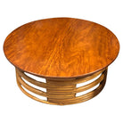 Restored Round Rattan Coffee Table with Mahogany Top