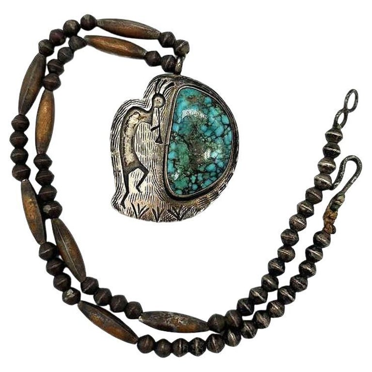 South Western Navajo Kokopelli Sterling Silver Necklace w/ Large Turquoise Stone