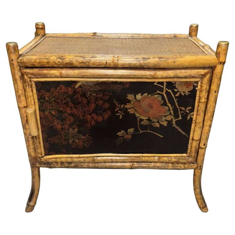 Victorian Chinoiserie Tiger Bamboo Nightstand with Hand-Painted Lacquer Front
