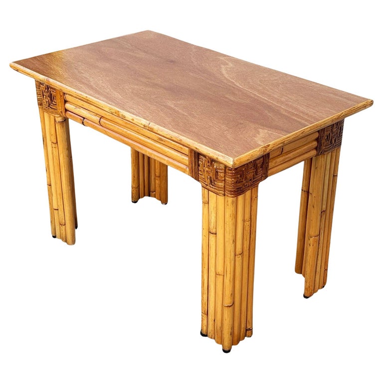 Restored Mid-century Vertically Stacked Rattan Mahogany Top Console Table