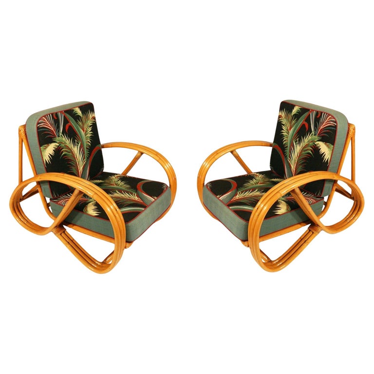 Restored Mid-century 3-strand 3/4 Round Pretzel Arm Rattan Lounge Chair, Pair