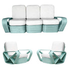 Restored Teal 6-Strand Square Pretzel Rattan Sofa & Lounge Chair Livingroom Se