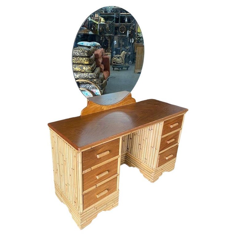 Restored Early Mid-century Stacked Rattan & Mahogany Vanity w/ Round Mirror