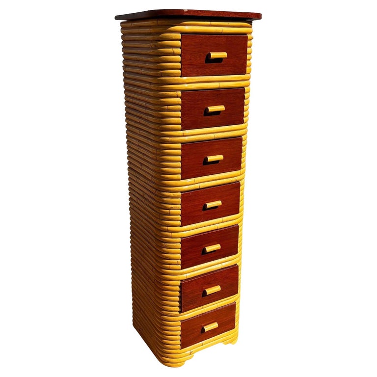 Restored Paul Frankl Style Stacked Rattan & Mahogany Petite Chest of 7 Drawers