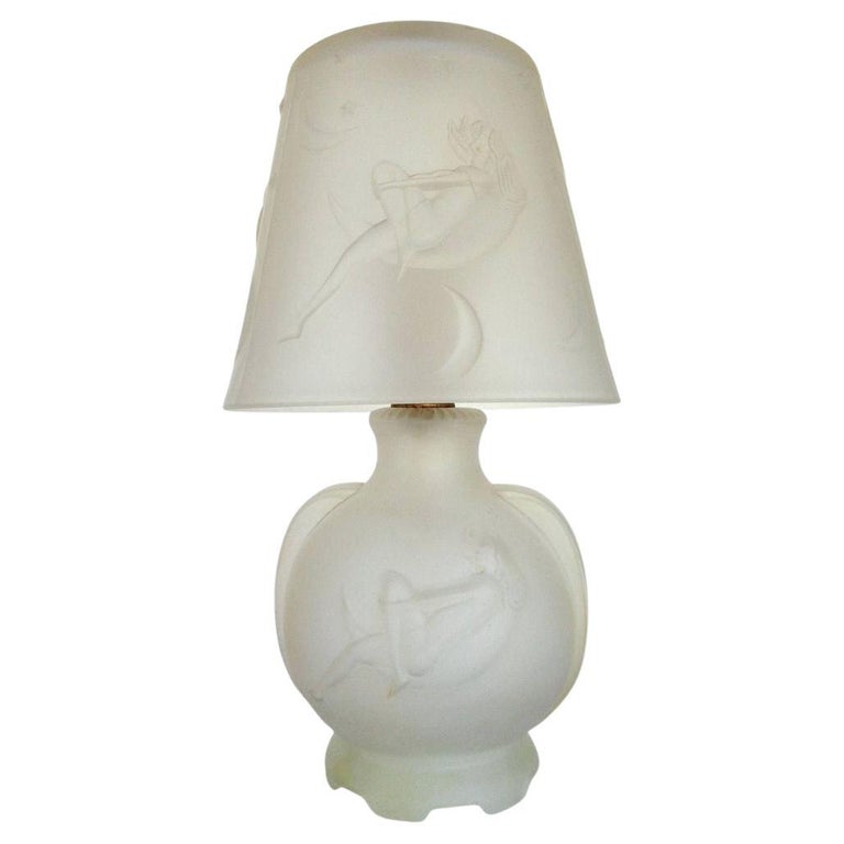1984 Art Deco Lay by the Stars Crescent Moon Boudoir Glass Lamp by Sarsaparilla