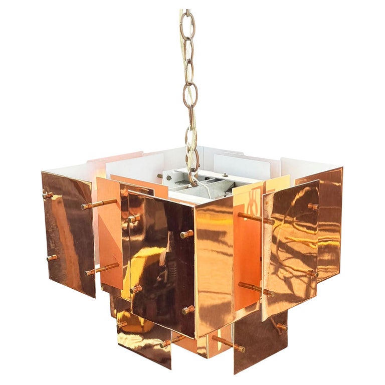MCM Floating Panel "Cityscape" Brutalist Copper Chandelier By Robert Sonneman