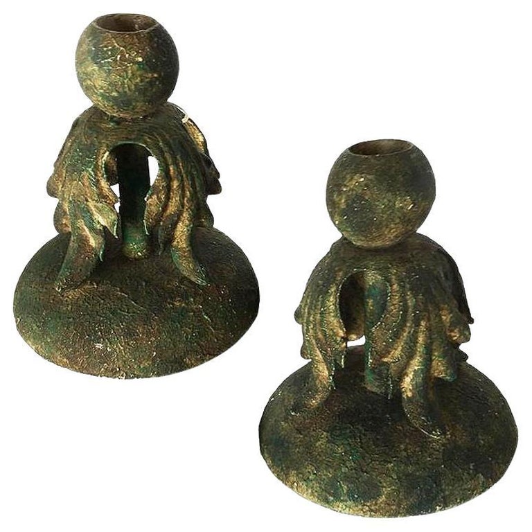 Cast Iron Candlestick Holder With Baroque Leaf Accents, Pair