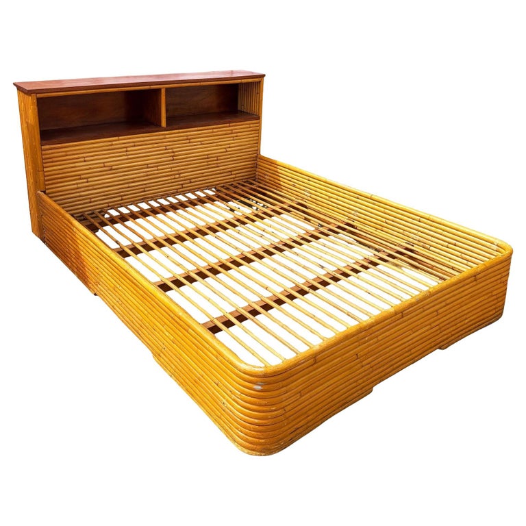 Restored Mid-century Queen Size 13-strand Stacked Rattan Bed Frame w/ Book Shelf
