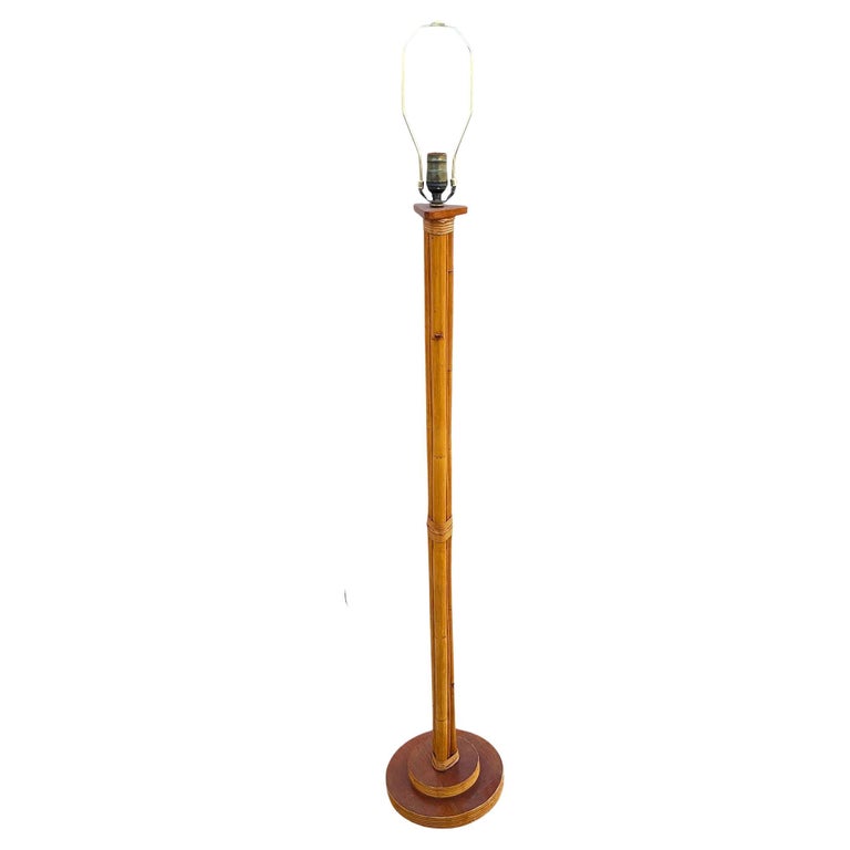 Restored Mid-century Three-Pole Rattan Floor Lamp w/ Mahogany Base