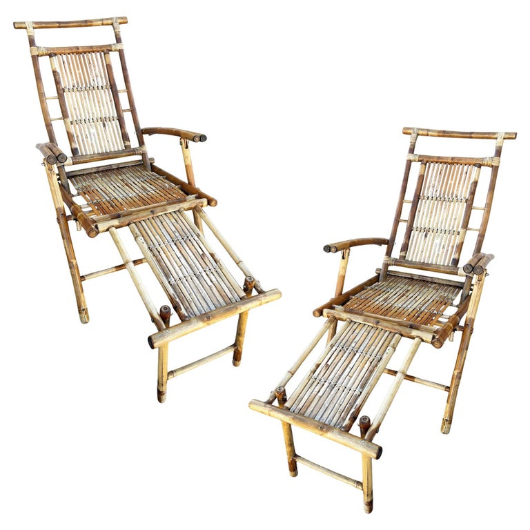 Restored Aesthetic Movement Tiger Bamboo Garden/Patio Fold Lounge Recliner, Pair