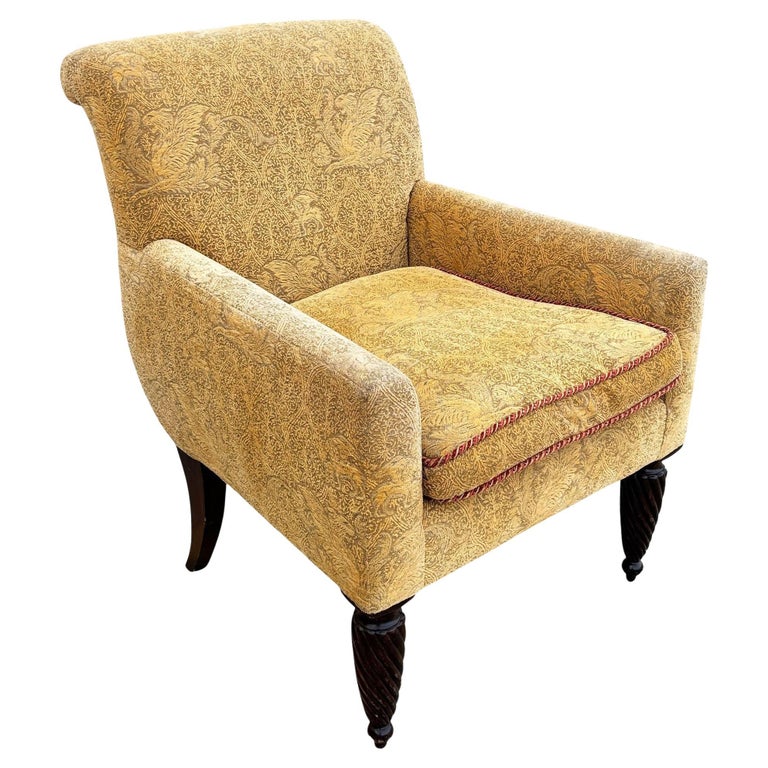 1990 Post Modern Saddle Bag Armchair Lounge w/ Yellow Foliage Pattern Upholstery