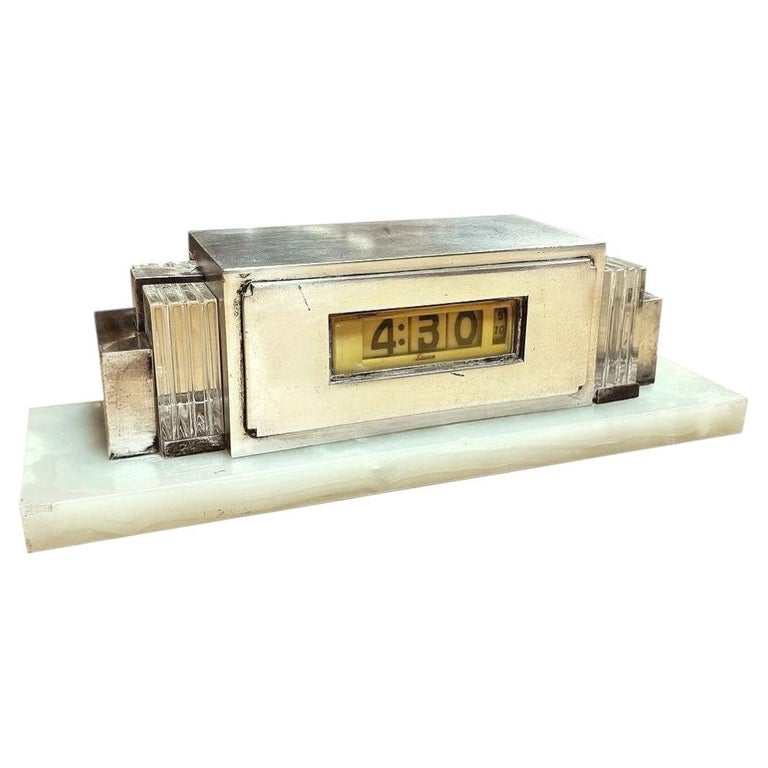 1930 Art Deco Silver Plate & Marble Model 975 Digital Mantel Clock by Lawson
