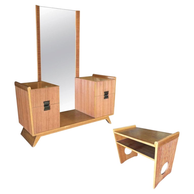 Paul Frankl Combed Wood Vanity with Stool for Brown Saltman