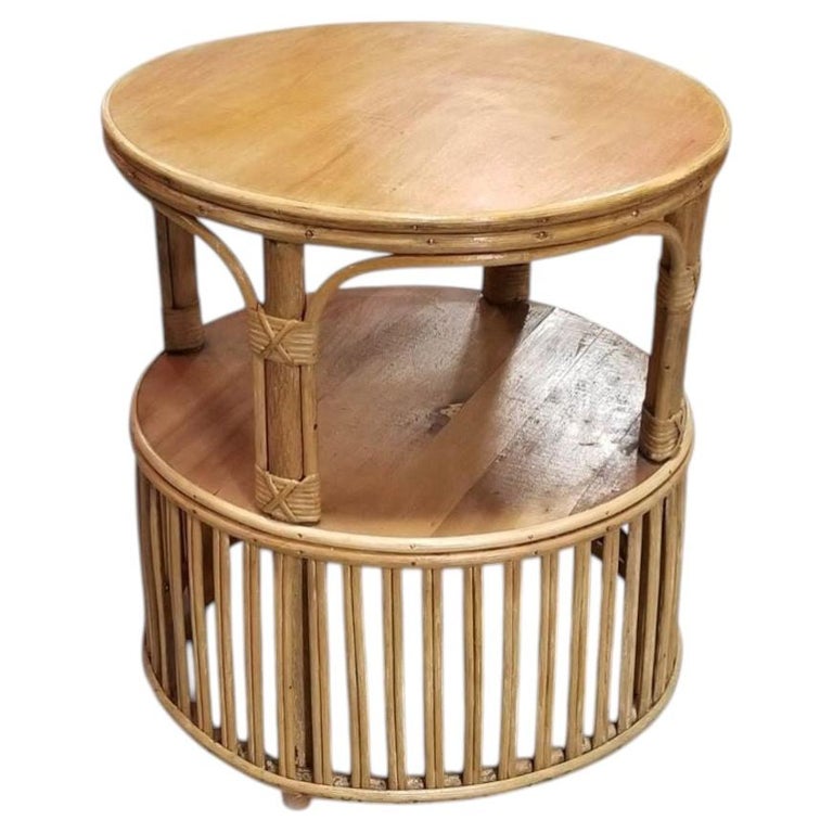 Restored Rattan Round Side Table with Pencil Reed Base
