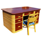 Restored Paul Frankl Style Stacked Rattan & Mahogany Executive Desk W/ Chair