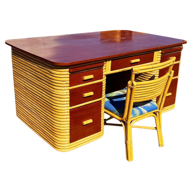 Restored Paul Frankl Style Stacked Rattan & Mahogany Executive Desk W/ Chair