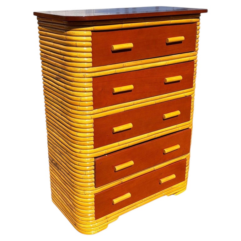 Restored Paul Frankl Style Stacked Rattan & Mahogany Art Deco Highboy Dresser