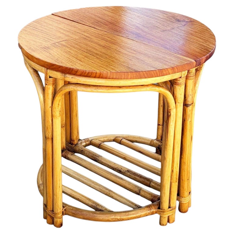 Restored Rattan and Mahogany Half Moon Side Tables with Storage Rack