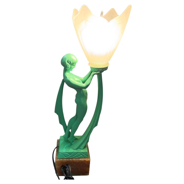 French Green Spleter Metal Art Deco Style Biba Lamp on Marble by Jacques Limousi