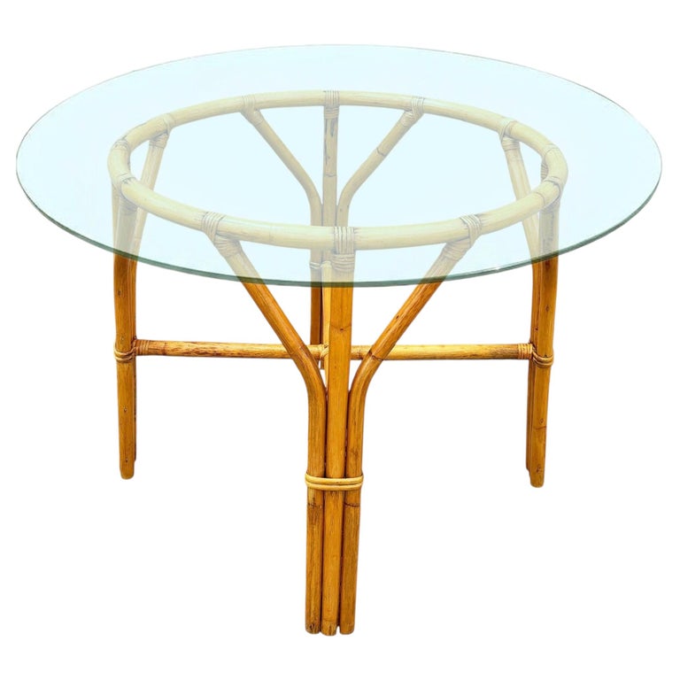 Restored Mid-century Round Glass Top 3-Strand Rattan Dining Table