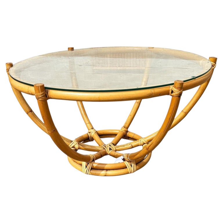 Restored Mid-century Six-Pole Rattan Coffee Table W/ Floating Glass Top