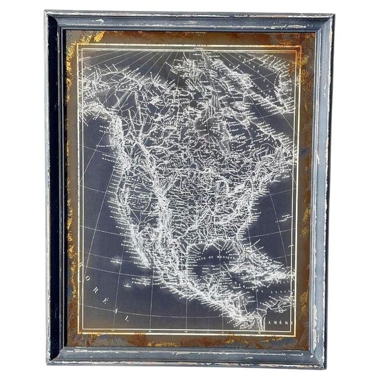 19th Century Monochrome Cartographic Map of North America, Framed