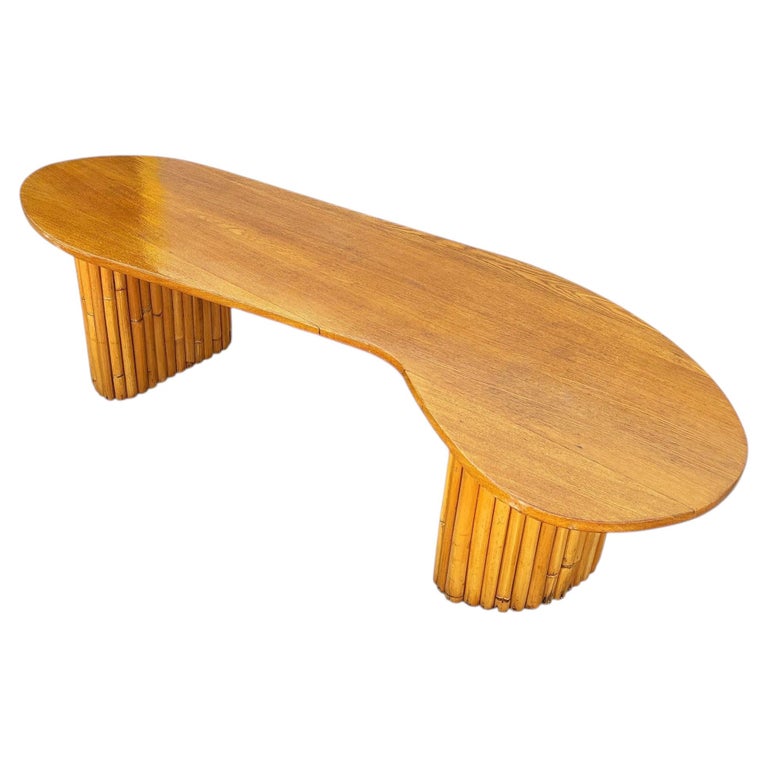 Restored Rare Mid-Century Rattan and Mahogany Asymmetric "J" Coffee Table