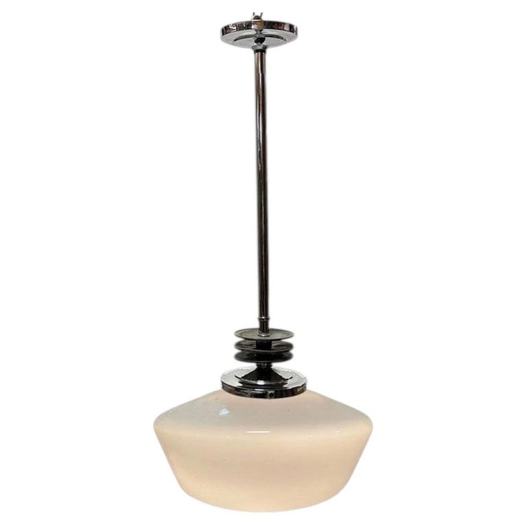 Art Deco Chrome Streamline Pendant Light w/ Opal Schoolhouse Globe