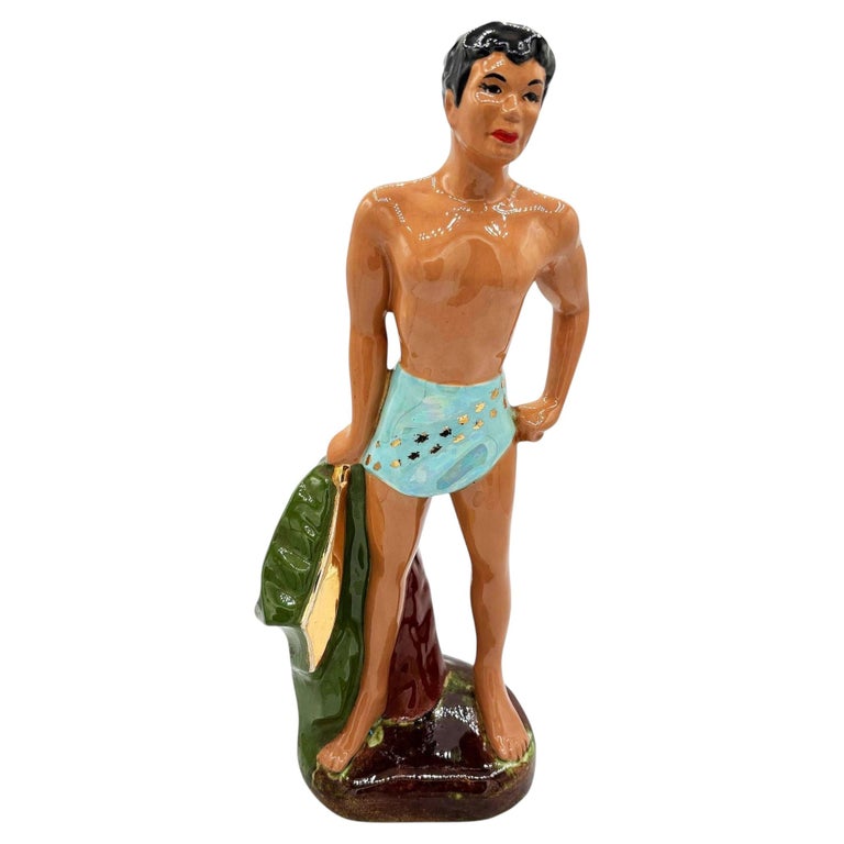 Mid-Century Hawaiian Man in Blue Trucks w/ Gold Machete Ceramic Sculpture 14"