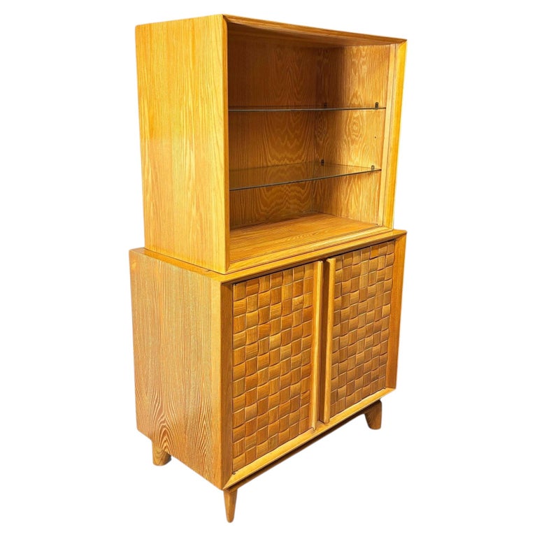MCM Bleached Oak Basket Weave China Cabinet by Paul Laszlo for Brown Saltman