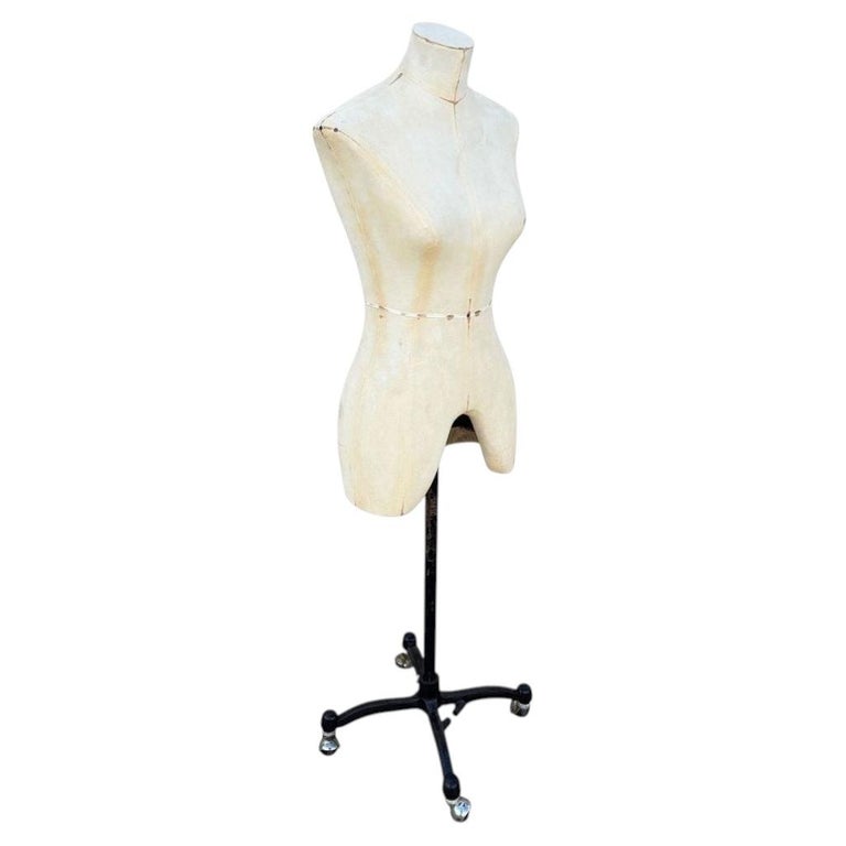 Adult Female White Linen Dress Form Mannequin on Iron Base w/ Wheels Size 8