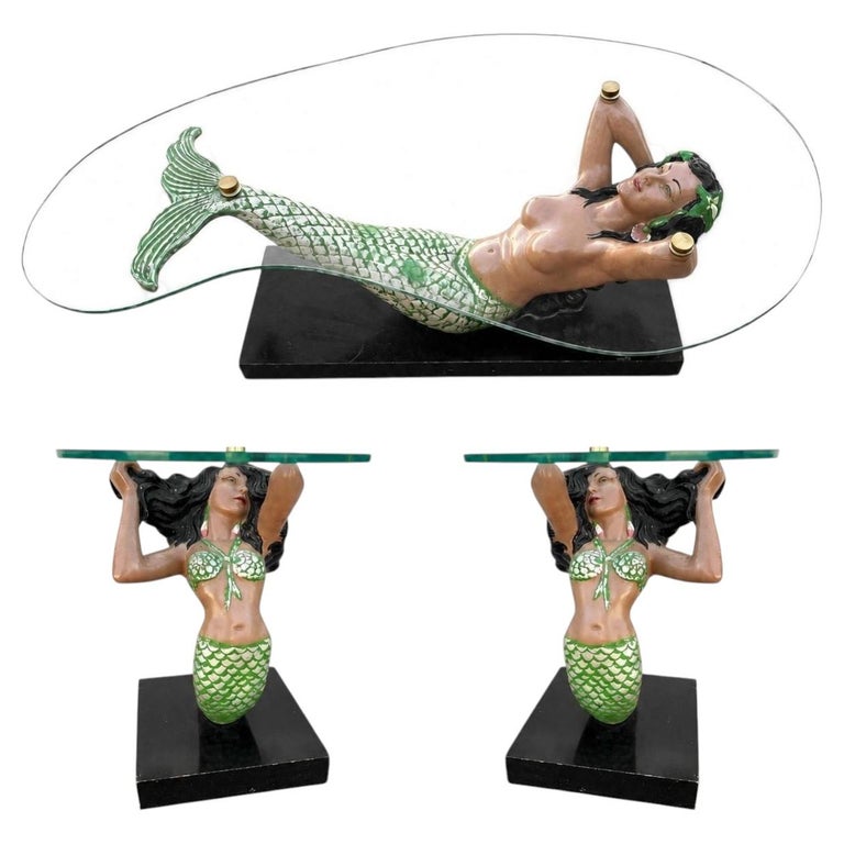 MCM Sculptural Nude Mermaid Biomorphic Cocktail Table w/ Pair of End Tables